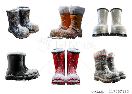 Six Pairs of Winter Boots Covered in Snow 117967186