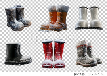 Six Pairs of Winter Boots Covered in Snow 117967186