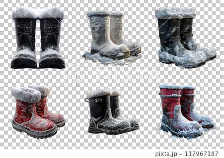 Six Pairs of Boots Covered in Snow 117967187