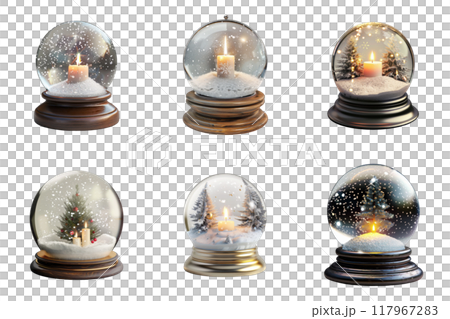 Six Christmas Snow Globes with Candle and Pine Tree Scenes Six Christmas Snow Globes with Candle and Pine Tree Scenes 117967283