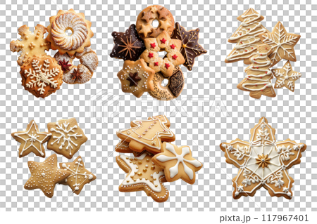 Assortment of Christmas Cookies with Various Shapes and Decorations 117967401