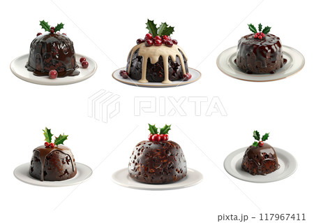 Five Christmas Puddings with Holly and Berries 117967411