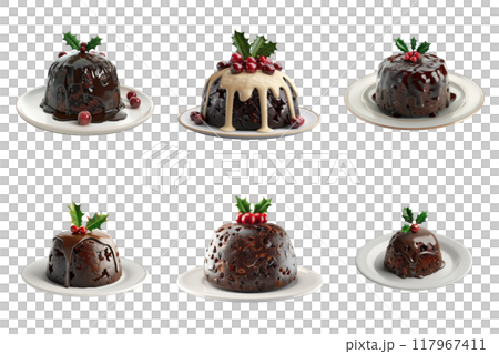 Five Christmas Puddings with Holly and Berries 117967411