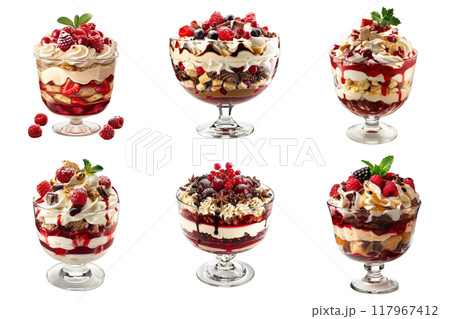 Six Variations of Layered Dessert with Whipped Cream, Berries, and Chocolate 117967412