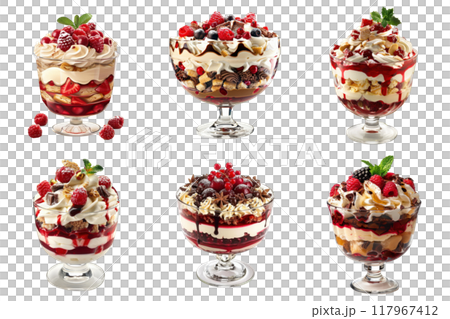 Six Variations of Layered Dessert with Whipped Cream, Berries, and Chocolate 117967412