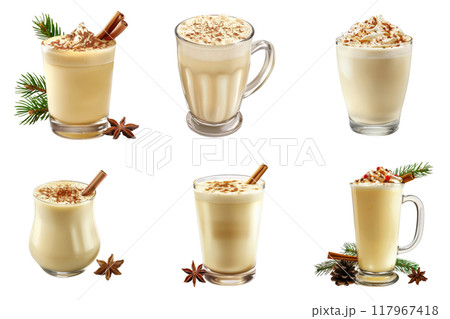 Various Styles of Eggnog Drinks with Christmas Decorations 117967418