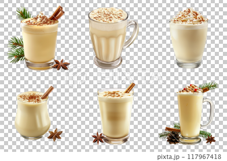 Various Styles of Eggnog Drinks with Christmas Decorations 117967418