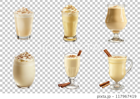 Assorted glasses of eggnog with whipped cream and cinnamon 117967419