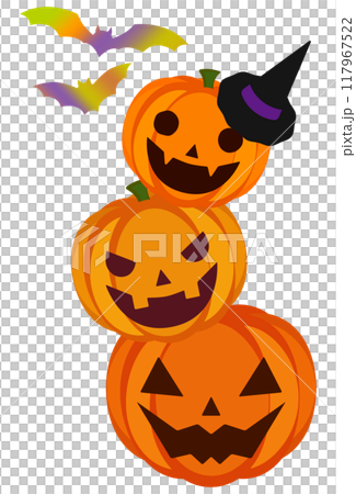 ハロウィンの、かぼちゃとコウモリのイラスト【縦並び】 117967522