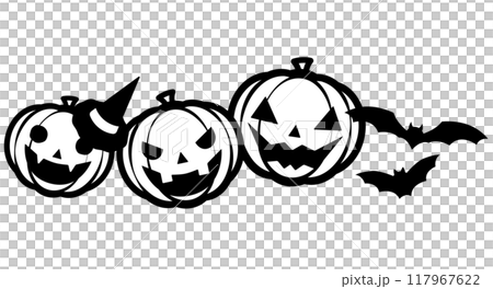 ハロウィンの、かぼちゃとコウモリのイラスト【横並び】【モノクロ線画】 117967622
