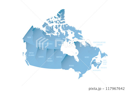 Canada political map of administrative divisions - provinces and territories. Shaded vector map with 3D-like blue gradient and name labels Canada political map of administrative divisions - provinces and territories. Shaded vector map with 3D-like blue gradient and name labels 117967642