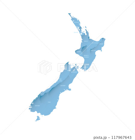 New Zealand political map of administrative divisions - regions. Shaded vector map with 3D-like blue gradient and name labels 117967643