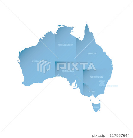 Australia political map of administrative divisions - states and teritorries. Shaded vector map with 3D-like blue gradient and name labels Australia political map of administrative divisions - states and teritorries. Shaded vector map with 3D-like blue gradient and name labels 117967644