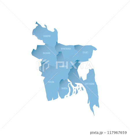 Bangladesh political map of administrative divisions - divisions. Shaded vector map with 3D-like blue gradient and name labels Bangladesh political map of administrative divisions - divisions. Shaded vector map with 3D-like blue gradient and name labels 117967659