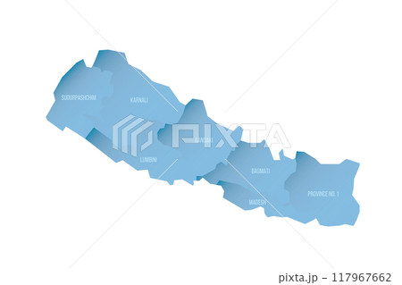 Nepal political map of administrative divisions - provinces. Shaded vector map with 3D-like blue gradient and name labels Nepal political map of administrative divisions - provinces. Shaded vector map with 3D-like blue gradient and name labels 117967662