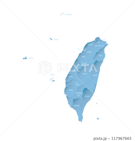 Taiwan political map of administrative divisions - provinces and special municipalities. Shaded vector map with 3D-like blue gradient and name labels Taiwan political map of administrative divisions - provinces and special municipalities. Shaded vector map with 3D-like blue gradient and name labels 117967665