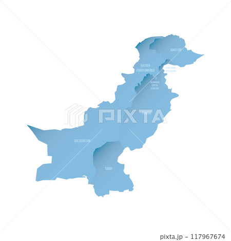 Pakistan political map of administrative divisions - provinces and autonomous territories. Shaded vector map with 3D-like blue gradient and name labels 117967674
