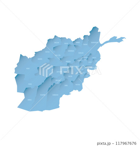 Afghanistan political map of administrative divisions - provinces. Shaded vector map with 3D-like blue gradient and name labels 117967676
