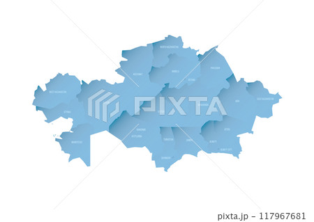 Kazakhstan political map of administrative divisions - regions and cities with region rights and city of republic significance Baikonur. Shaded vector map with 3D-like blue gradient and name labels 117967681