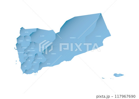 Yemen political map of administrative divisions - governorates and municipality of Sanaa. Shaded vector map with 3D-like blue gradient and name labels Yemen political map of administrative divisions - governorates and municipality of Sanaa. Shaded vector map with 3D-like blue gradient and name labels 117967690