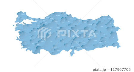 Turkey political map of administrative divisions - provinces. Shaded vector map with 3D-like blue gradient and name labels 117967706