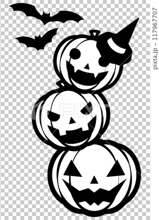 ハロウィンの、かぼちゃとコウモリのイラスト【縦並び】【モノクロ線画】 ハロウィンの、かぼちゃとコウモリのイラスト【縦並び】【モノクロ線画】 117967707