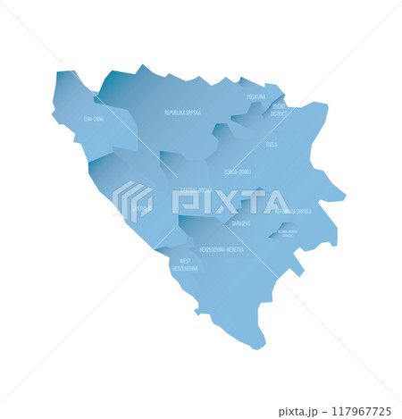 Bosnia and Herzegovina political map of administrative divisions - cantons of Federation of Bosnia and Herzegovina and Republika Srpska. Shaded vector map with 3D-like blue gradient and name labels Bosnia and Herzegovina political map of administrative divisions - cantons of Federation of Bosnia and Herzegovina and Republika Srpska. Shaded vector map with 3D-like blue gradient and name labels 117967725