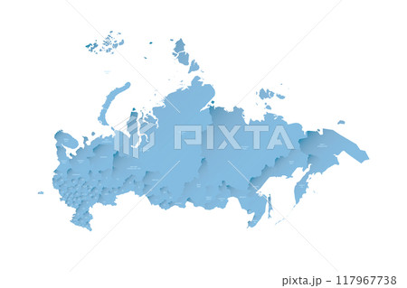 Russia political map of administrative divisions - oblasts, republics, autonomous okrugs, krais, autonomous oblast and 2 federal cities of Moscow and Saint Petersburg. Shaded vector map with 3D-like Russia political map of administrative divisions - oblasts, republics, autonomous okrugs, krais, autonomous oblast and 2 federal cities of Moscow and Saint Petersburg. Shaded vector map with 3D-like 117967738