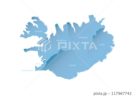 Iceland political map of administrative divisions - regions. Shaded vector map with 3D-like blue gradient and name labels 117967742
