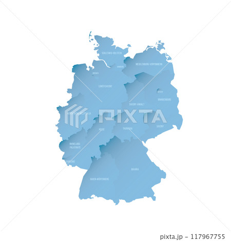 Germany political map of administrative divisions - federal states. Shaded vector map with 3D-like blue gradient and name labels 117967755