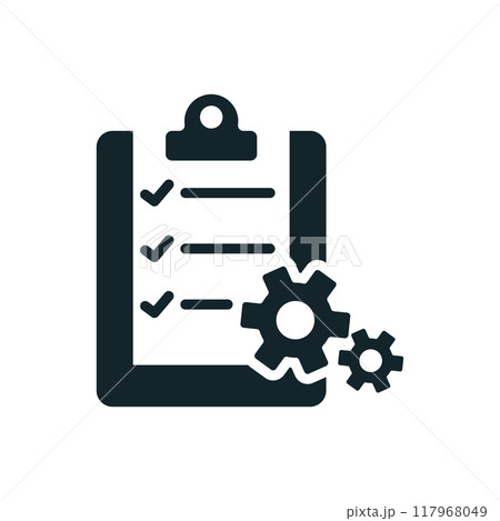 Clipboard showing checkmarked task list and gears representing project management Clipboard showing checkmarked task list and gears representing project management 117968049