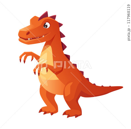 Friendly red dinosaur This cute dinosaur flat vector illustration is perfect for children s educational materials and games with its vibrant design 117968119