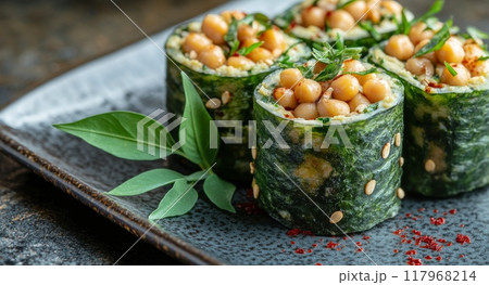 Fresh green sushi rolls filled with chickpeas and garnished with herbs on a dark plate 117968214