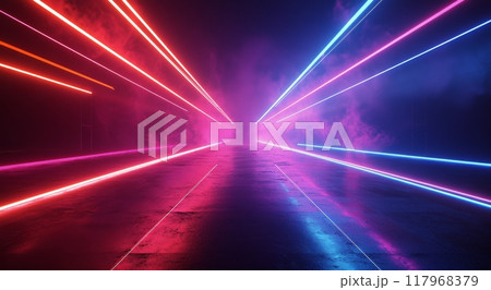 Vibrant neon lights create an energetic atmosphere in a futuristic urban setting at night Vibrant neon lights create an energetic atmosphere in a futuristic urban setting at night 117968379