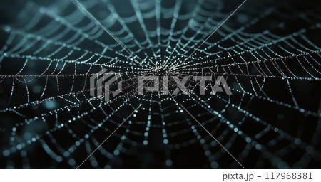 Intricate web adorned with dew drops glistens in the morning light showcasing nature's beauty 117968381