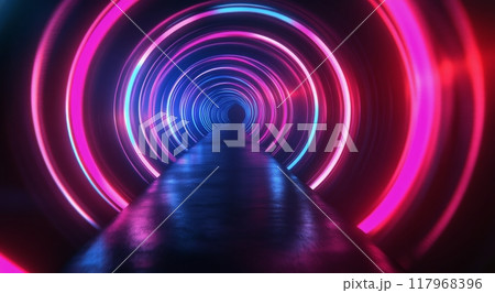 Vibrant neon tunnel illuminated by colorful lights envelops the viewer in an immersive experience 117968396