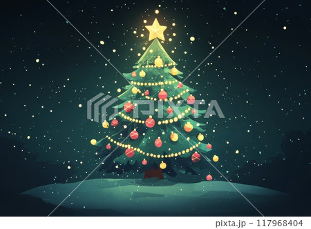 A beautifully decorated Christmas tree illuminated with colorful ornaments during winter nights 117968404