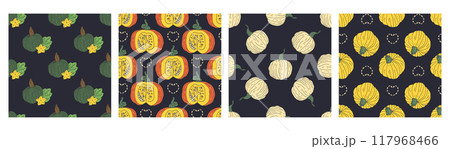 Set of 4 Seamless patterns with hand drawn colorful pumpkins 117968466