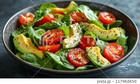 Fresh spinach and tomato salad with avocado in a rustic bowl on a dark kitchen countertop Fresh spinach and tomato salad with avocado in a rustic bowl on a dark kitchen countertop 117968650