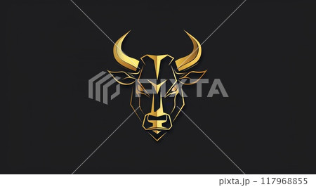 Gold bull badge. Golden buffalo label. Bison head symbol on black background. Animal silhouette element 117968855