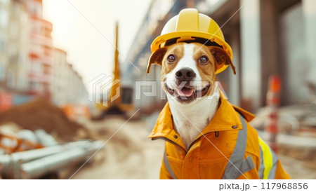 Dog worker. Construction of building. Industry builder in yellow helmet. Safety equipment on construction site. Animal pet in uniform 117968856