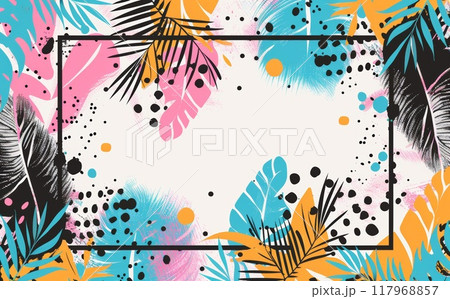 Border with exotic feather and jungle plant with blank copy space. Fashion plumage tropical mock up frame. Natural colorful illustration with copyspace for template 117968857