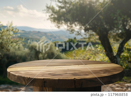 Province mockup desktop with italian country background. Summer wooden old rustic display place for copyspace product. Advertise mock up decoration. Empty board tabletop for ads 117968858