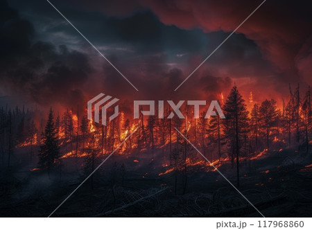 Forest at fire. Burning tree disaster. Flame and smoke in mountain. Bushfire danger. Global warming problem. Wildfire destruction of nature 117968860