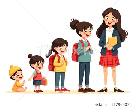子供から大人までの女性の成長過程イラスト 117969070