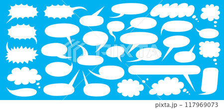 Big set of bubble speech shapes. Flat white vector illustration isolated on blue background. 117969073