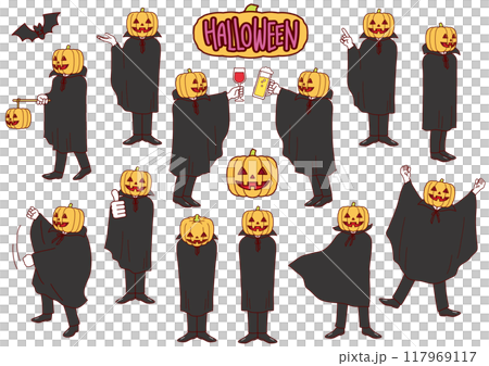 Halloween cloaked pumpkins in various poses 117969117