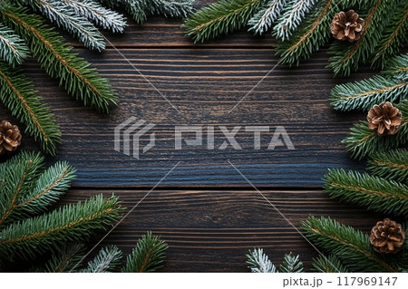 Christmas or New Year background with fir branches on the right and left side on dark wooden background. Place for your text. 117969147