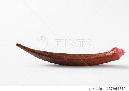Fresh red okra on white background, Food ingredient 117969213