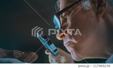 Senior archaeologist works with fossils using magnifying glass 117969236